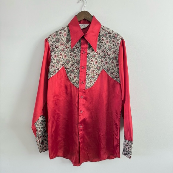 Larry Mahan Other - Larry Mahan | Vintage 1960s Red Satin Western Rockabilly Big Collar Button Down